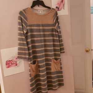 Navy and Tan striped dress with suede pockets